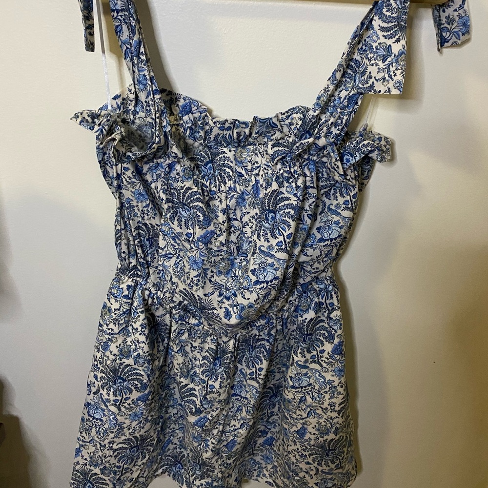 Blue and white patterned romper